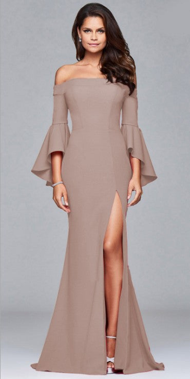 Elegant Off-the-Shoulder Bell Sleeve Maxi Dress with High Slit