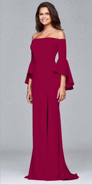 Elegant Off-the-Shoulder Bell Sleeve Maxi Dress with High Slit