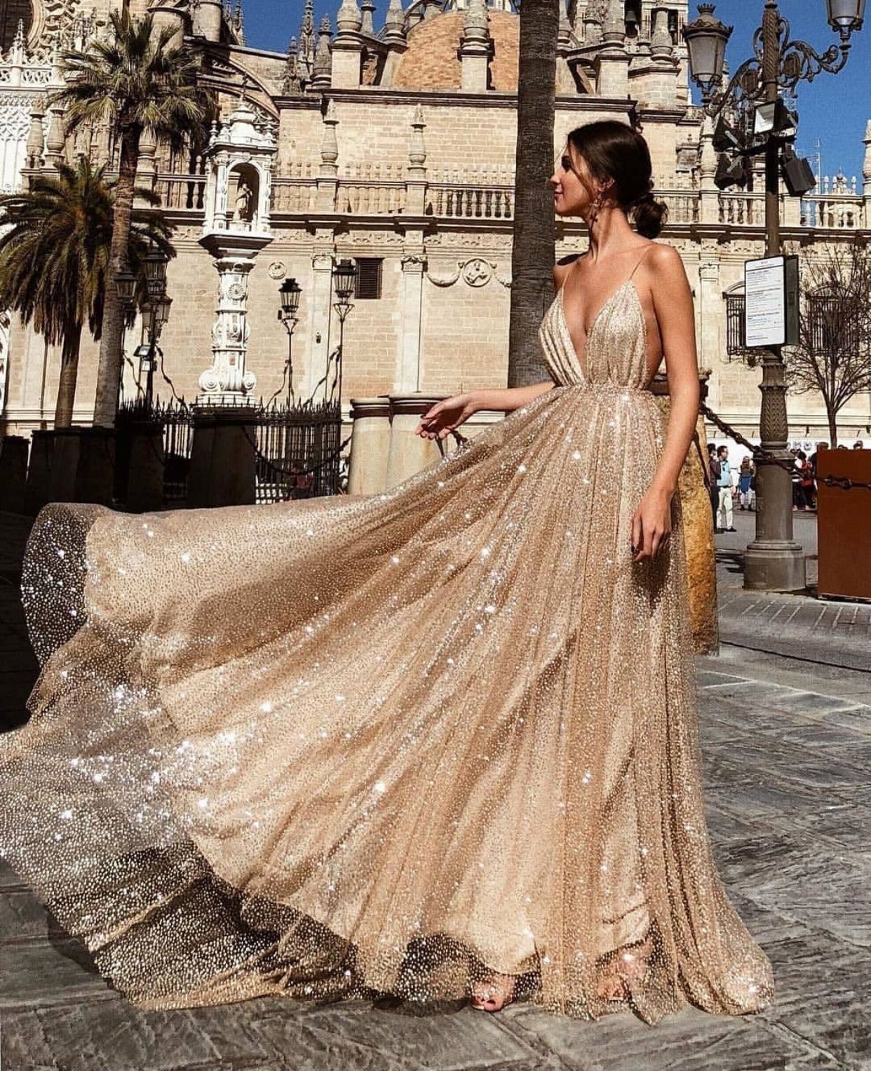 Sparkling Champagne Sequin A-Line Prom & Evening Gown