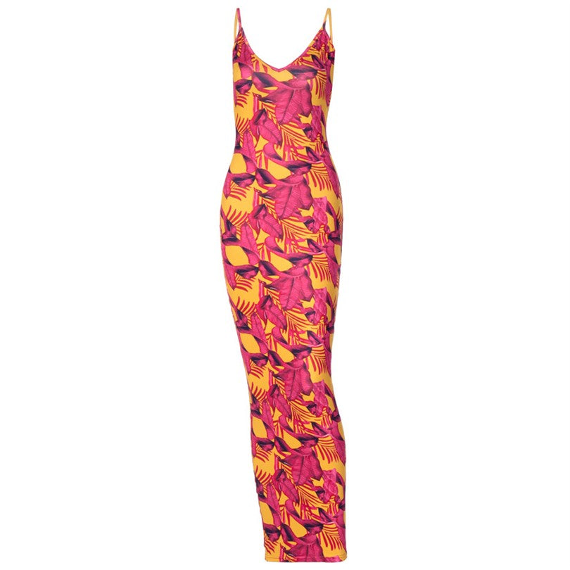 Tropical Print Vacation Maxi Bodycon Dress