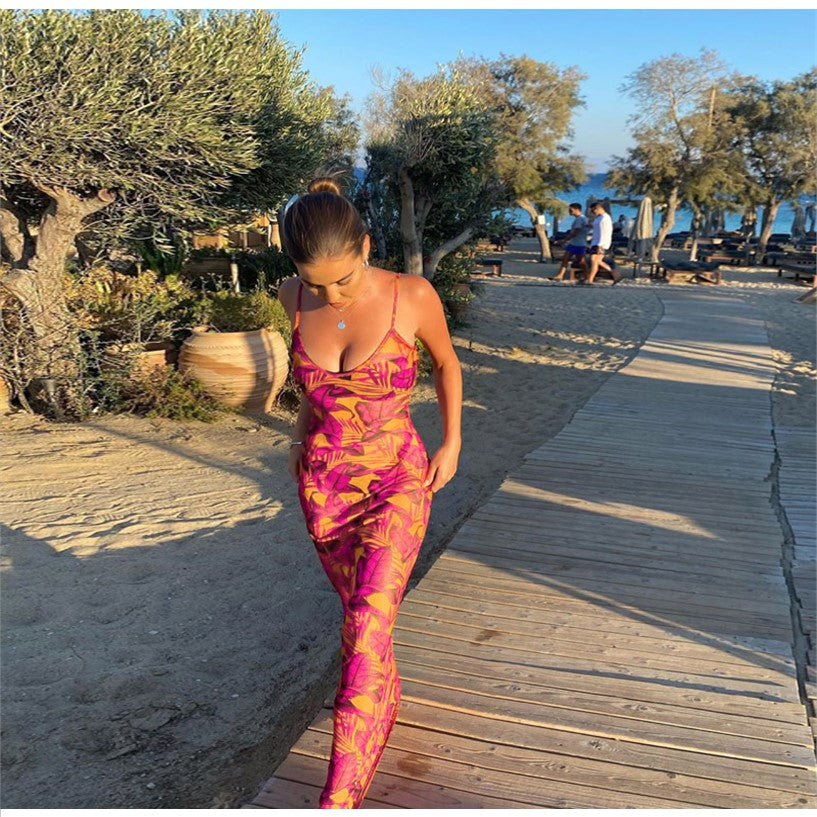 Tropical Print Vacation Maxi Bodycon Dress
