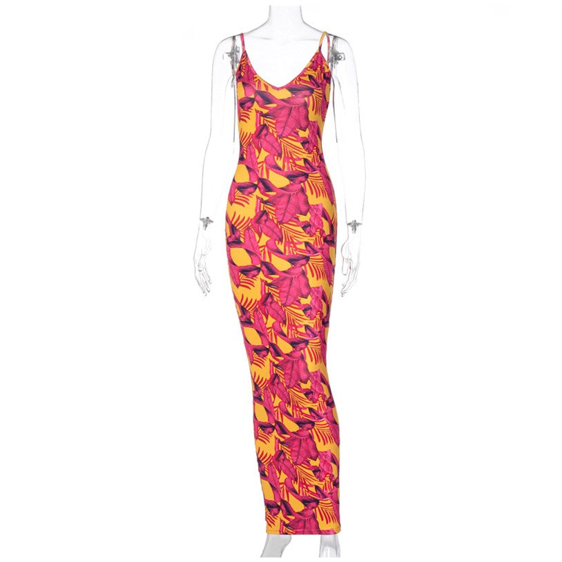 Tropical Print Vacation Maxi Bodycon Dress