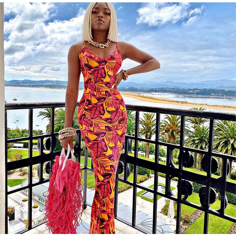 Tropical Print Vacation Maxi Bodycon Dress