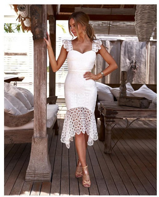 White Lace Mermaid Midi Dress