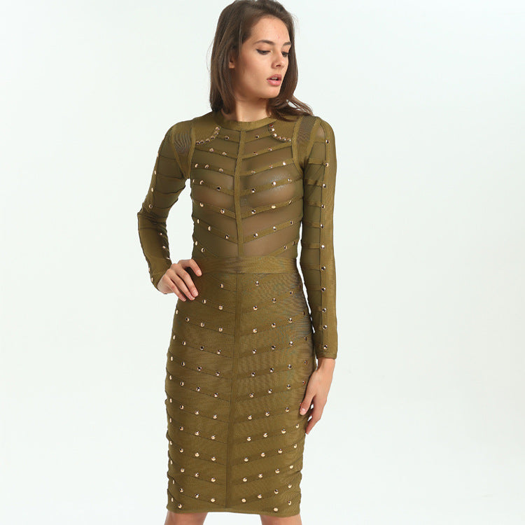 Long Sleeve Studded Sheer Bandage Dress