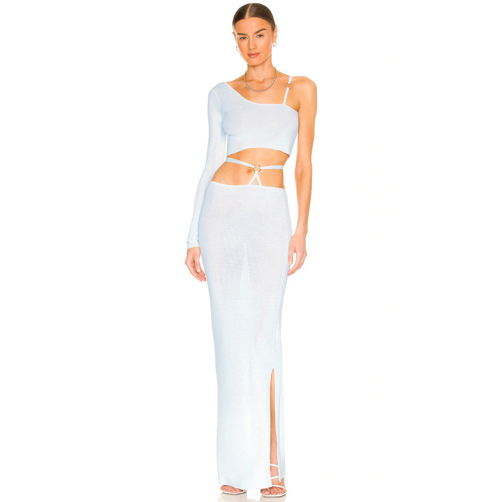 Women's White Elegant Slim Long Sleeve Bandage Dress Suit