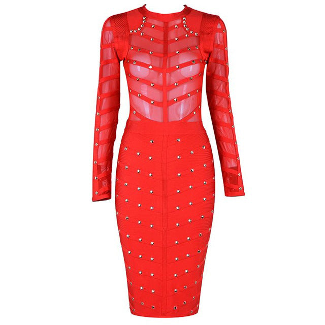 Long Sleeve Studded Sheer Bandage Dress