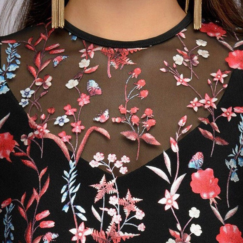 Floral Embroidery Chiffon Cocktail Midi Dress