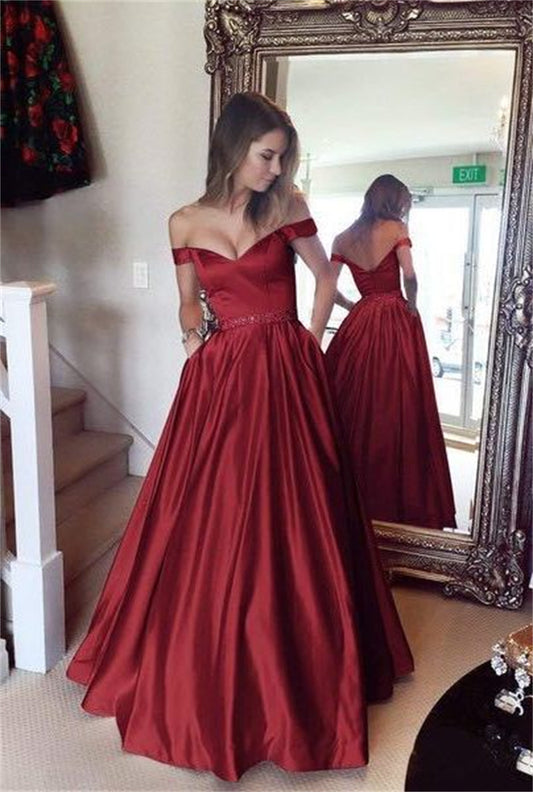 Stunning Off-the-Shoulder Satin Ball Gown with Pockets