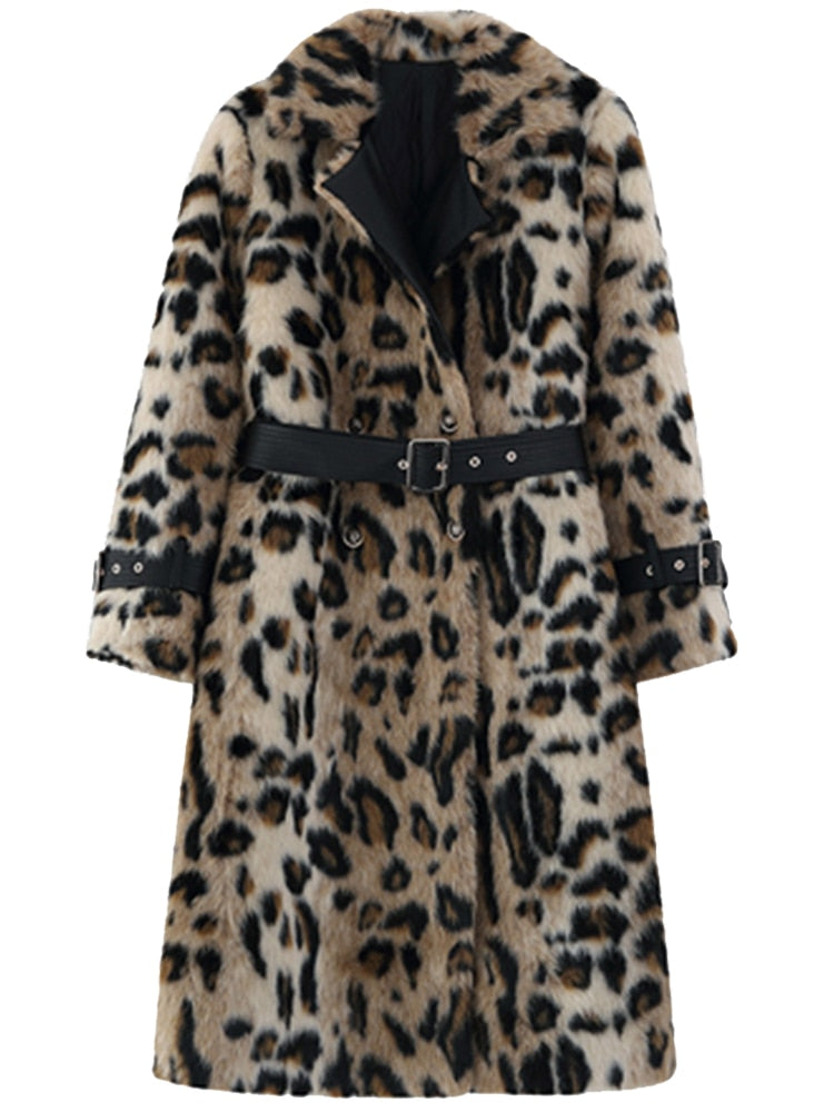 Leopard Print Fluffy Faux Fur Trench Coat