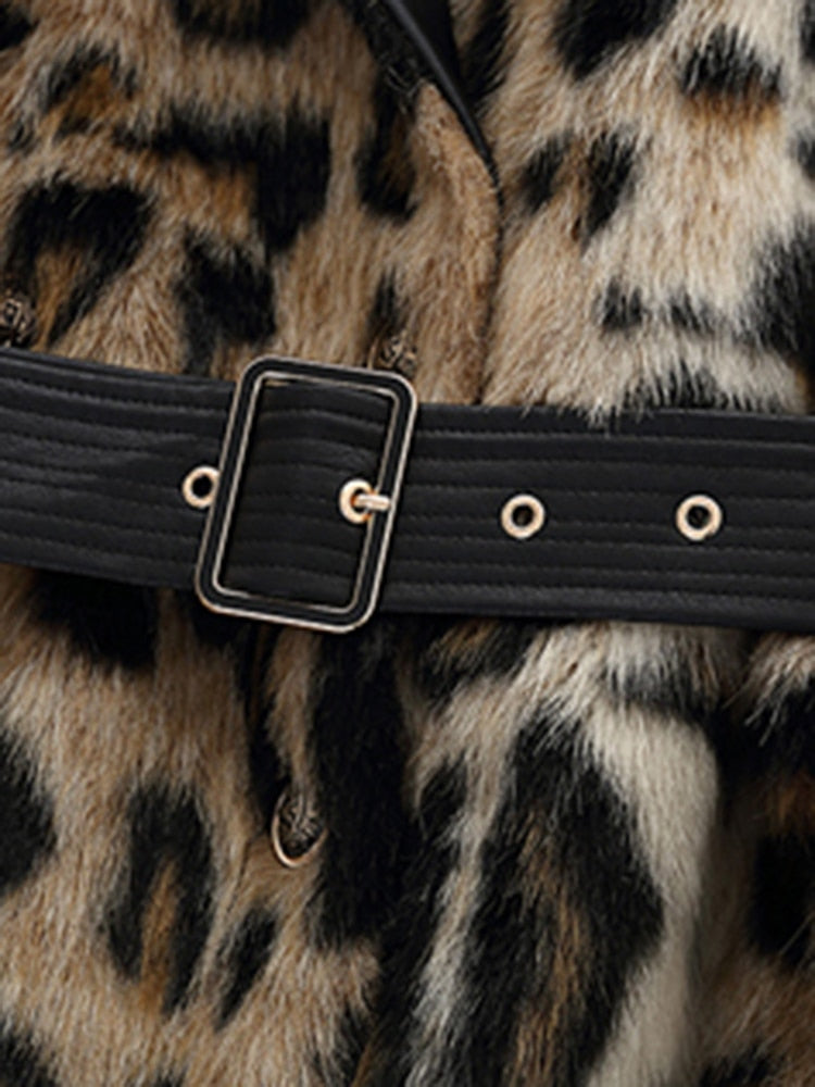 Leopard Print Fluffy Faux Fur Trench Coat