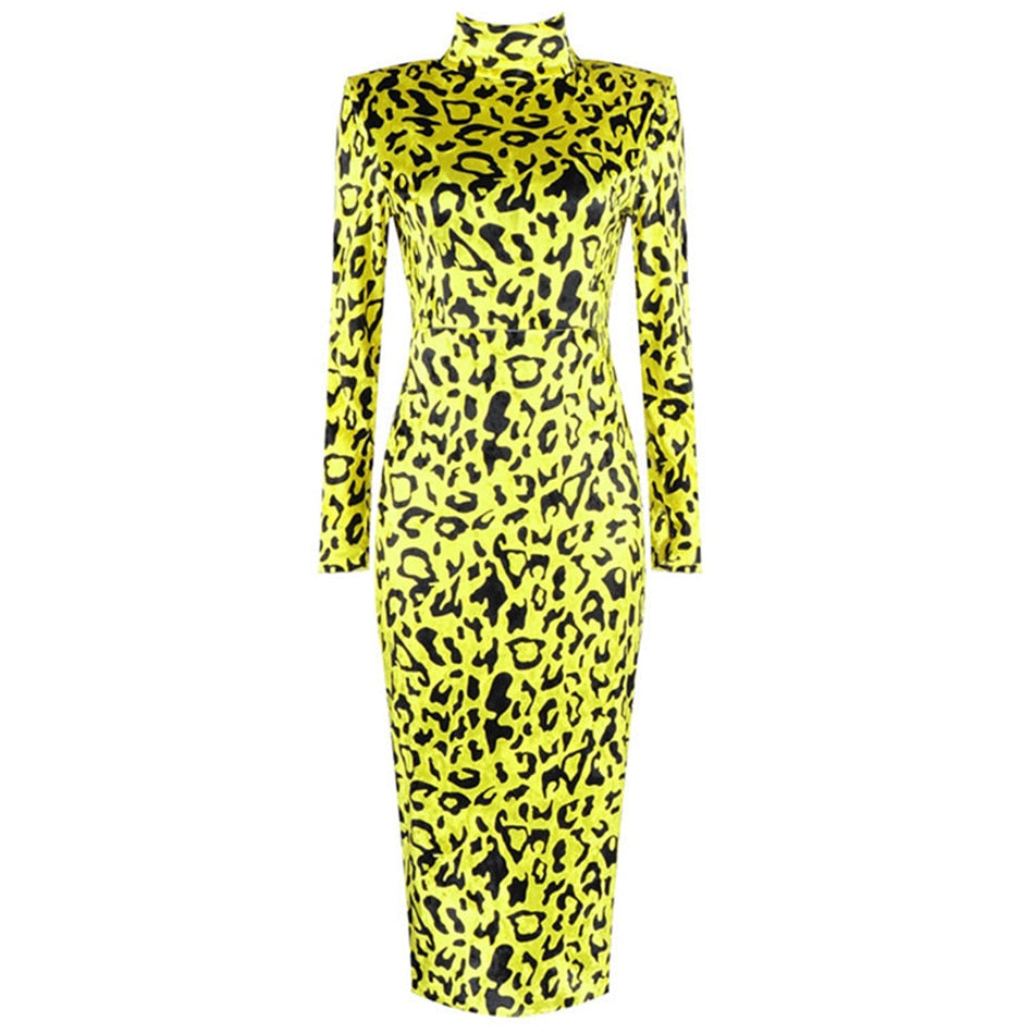 New Fashion Leopard Print Long Dress Elegant Women Long Sleeve Bodycon