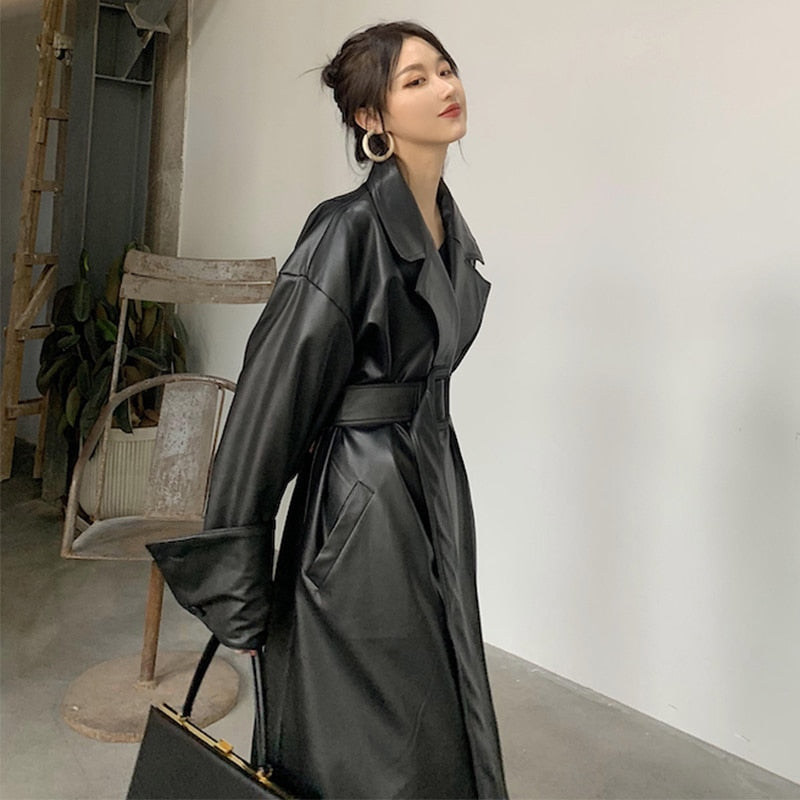 Women's Long oversized leather trench coat