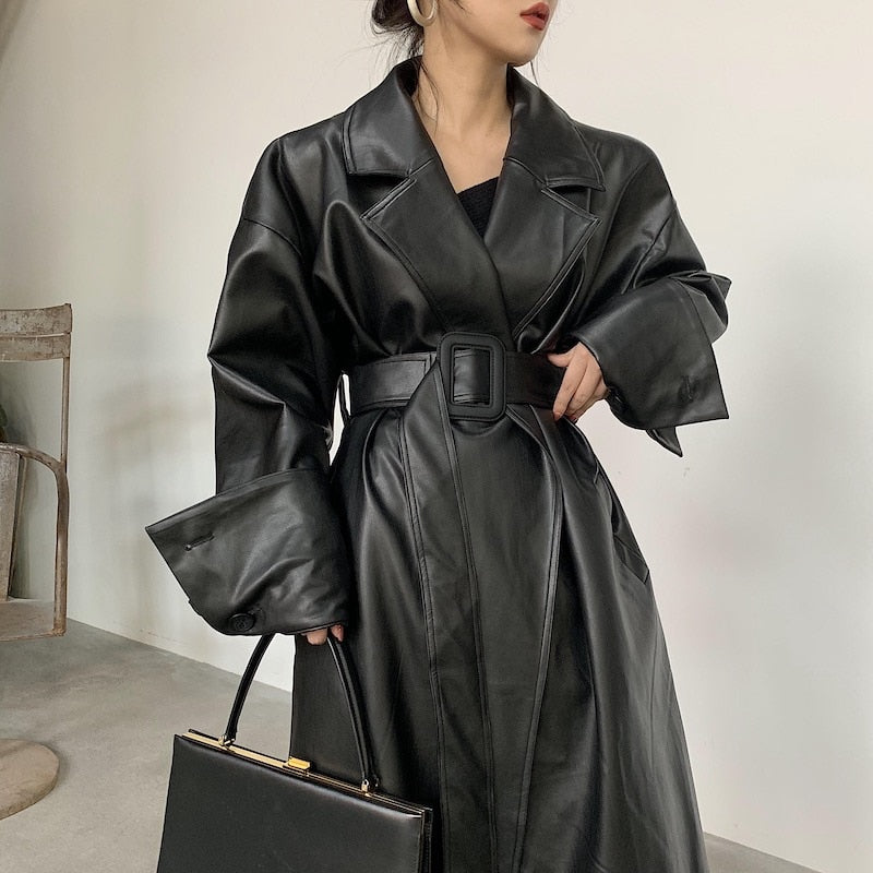 Women's Long oversized leather trench coat