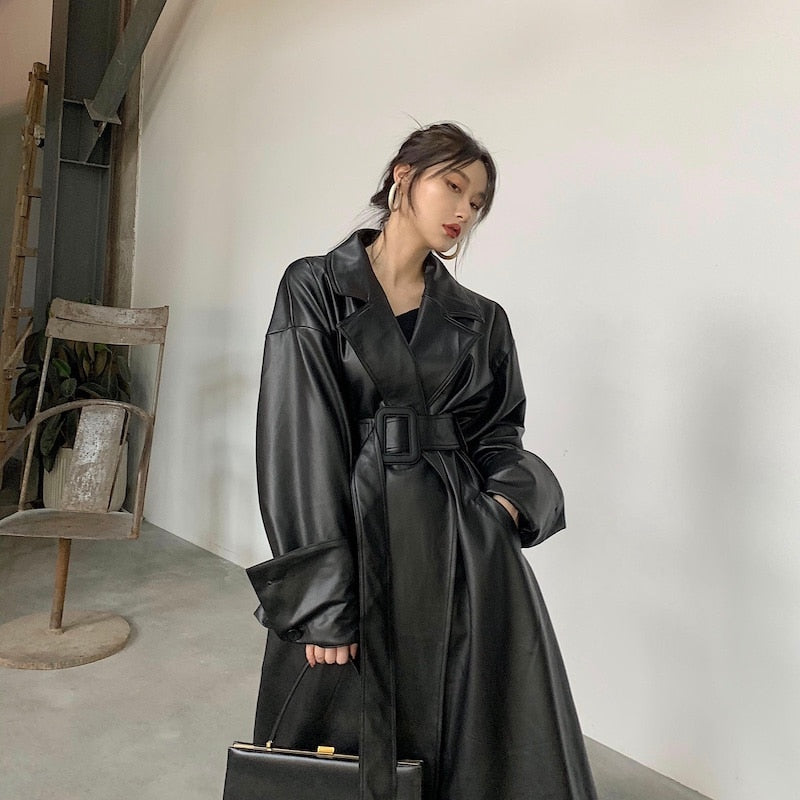 Women's Long oversized leather trench coat