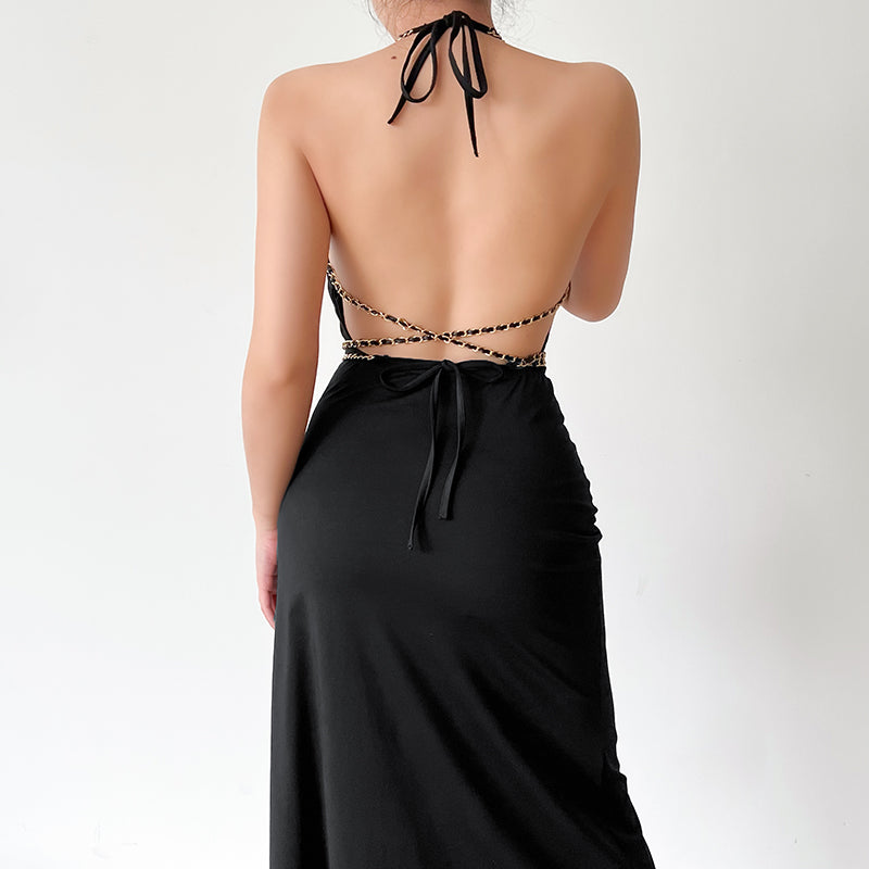 Slim-Waist Halter Dress with Chain