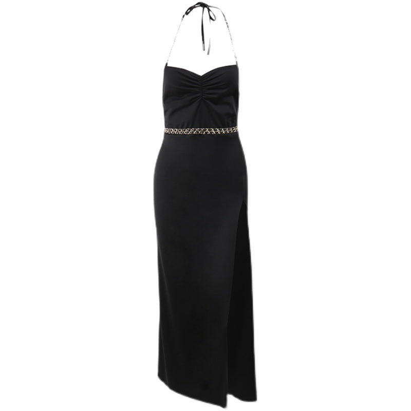 Slim-Waist Halter Dress with Chain