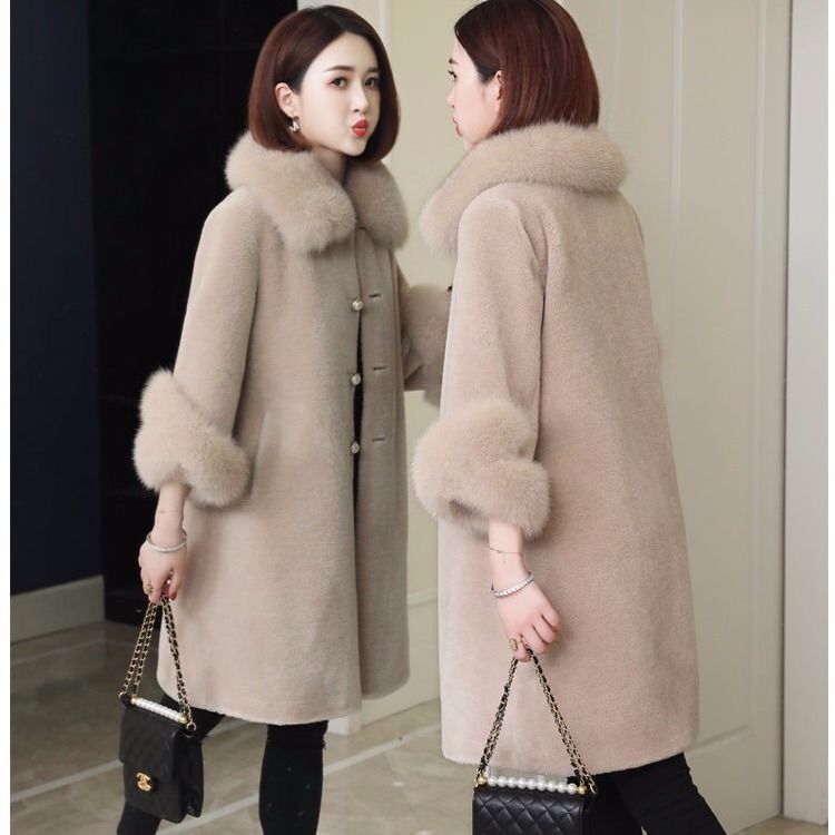 Women's Faux Fur Long Coat Solid Loose Imitation Fox Fur Collar Cashmere Granules Single Breasted Faux Fur Coat