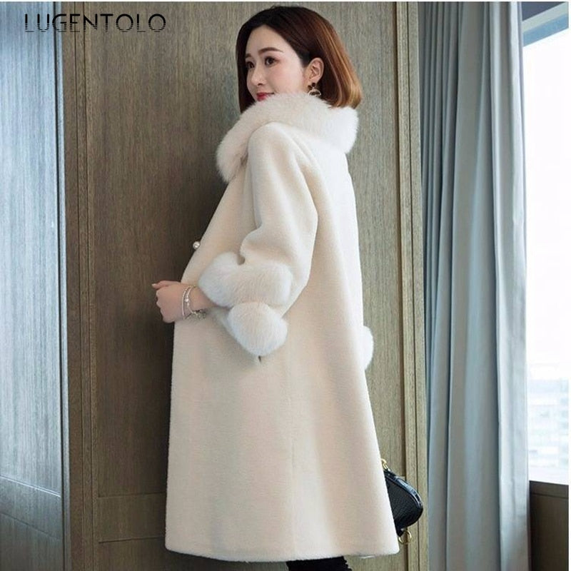 Women's Faux Fur Long Coat Solid Loose Imitation Fox Fur Collar Cashmere Granules Single Breasted Faux Fur Coat