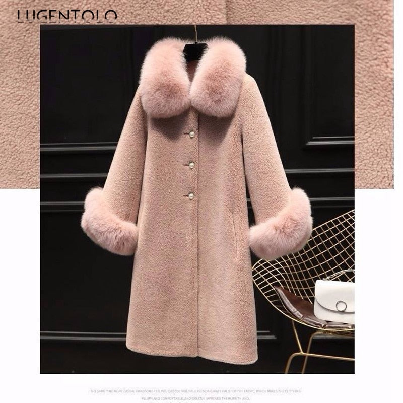 Women's Faux Fur Long Coat Solid Loose Imitation Fox Fur Collar Cashmere Granules Single Breasted Faux Fur Coat