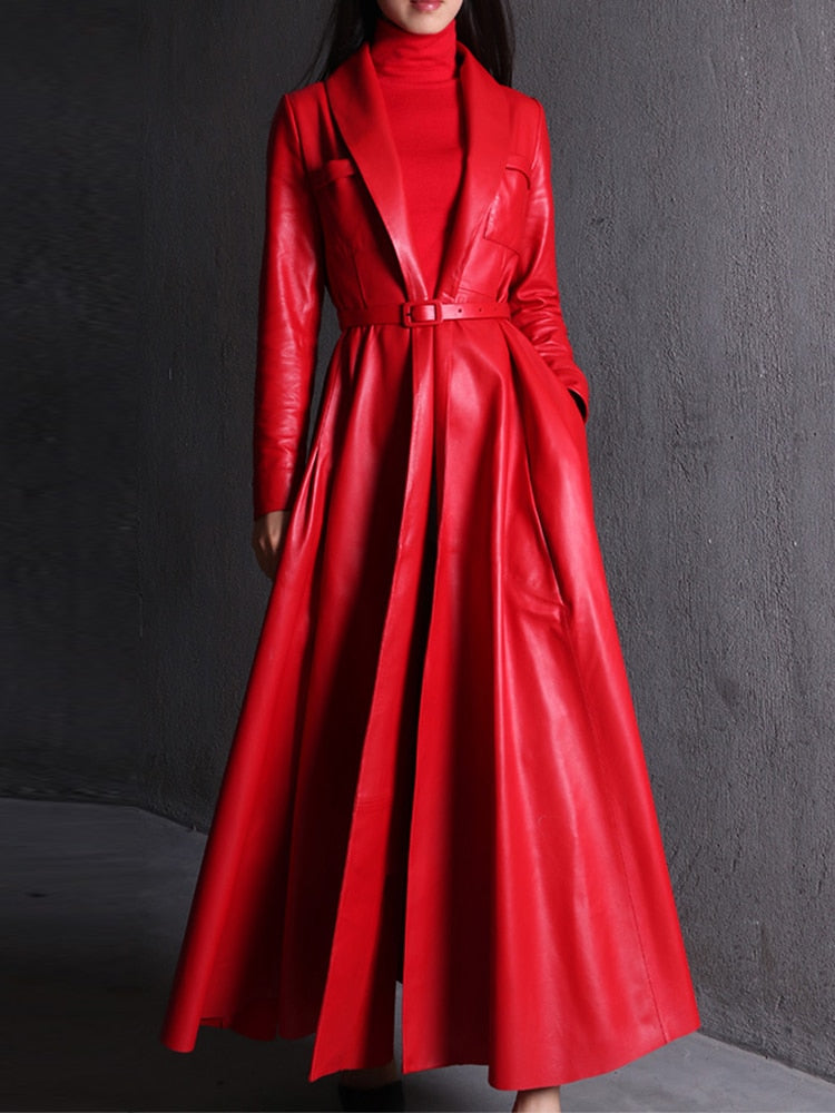 Elegant High Quality Red Black Maxi Pu Leather Trench Coat for Women Extra Long Skirted Elegant Overcoat Fashion 5xl 6xl 7xl