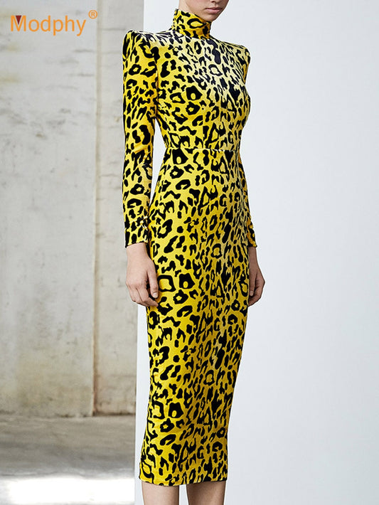 New Fashion Leopard Print Long Dress Elegant Women Long Sleeve Bodycon