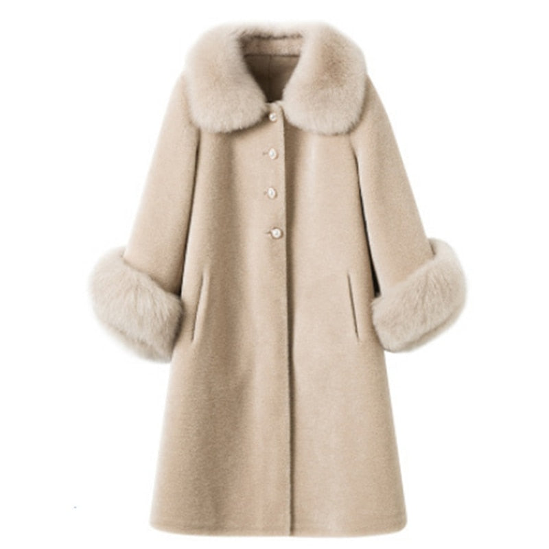 Women's Faux Fur Long Coat Solid Loose Imitation Fox Fur Collar Cashmere Granules Single Breasted Faux Fur Coat