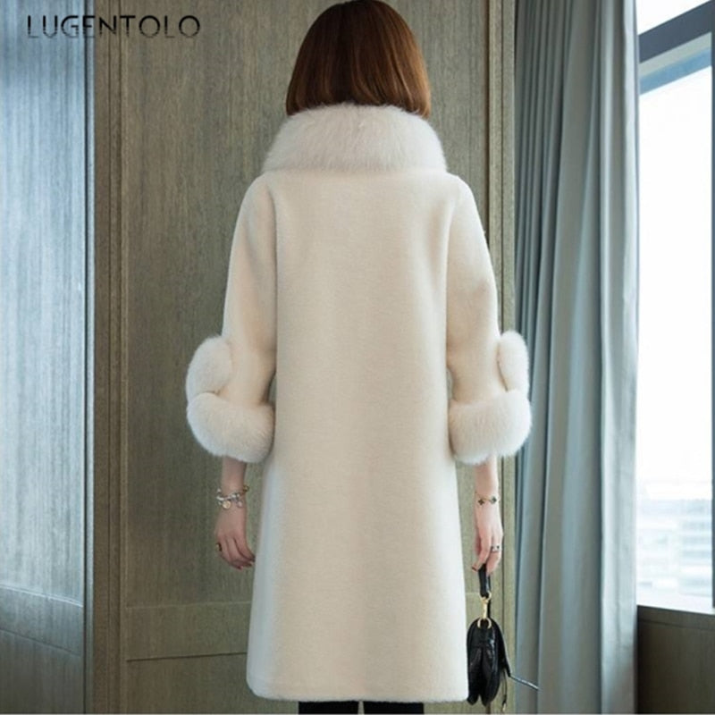 Women's Faux Fur Long Coat Solid Loose Imitation Fox Fur Collar Cashmere Granules Single Breasted Faux Fur Coat
