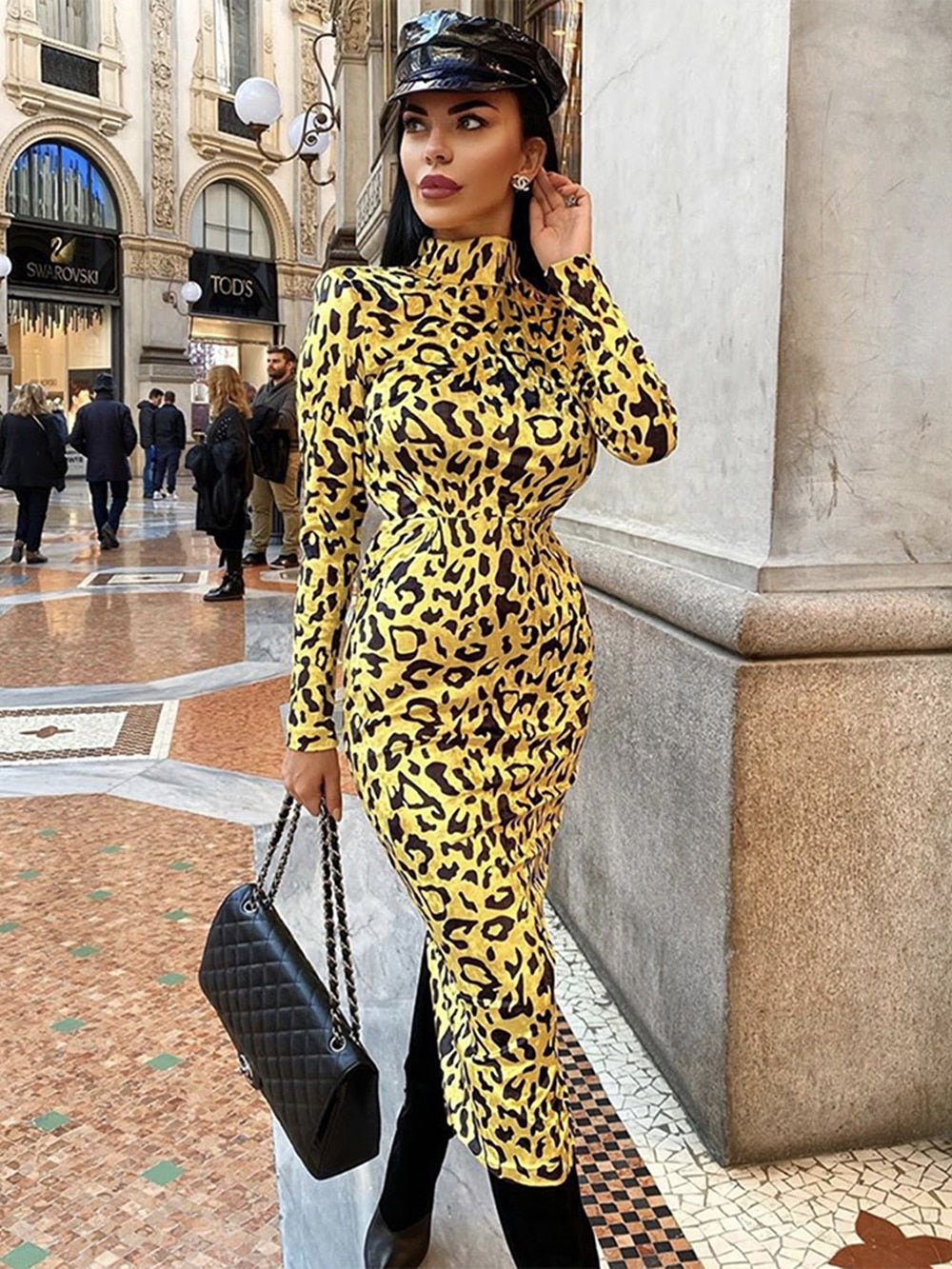 New Fashion Leopard Print Long Dress Elegant Women Long Sleeve Bodycon