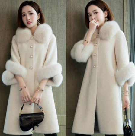 Women's Faux Fur Long Coat Solid Loose Imitation Fox Fur Collar Cashmere Granules Single Breasted Faux Fur Coat