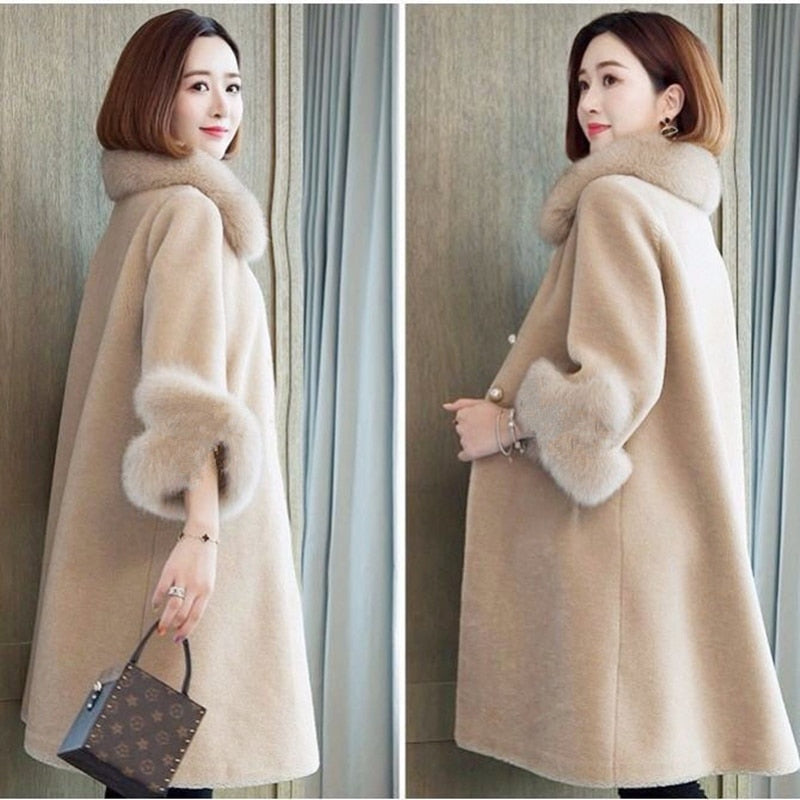 Women's Faux Fur Long Coat Solid Loose Imitation Fox Fur Collar Cashmere Granules Single Breasted Faux Fur Coat