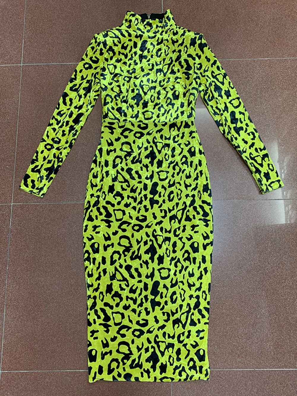 New Fashion Leopard Print Long Dress Elegant Women Long Sleeve Bodycon