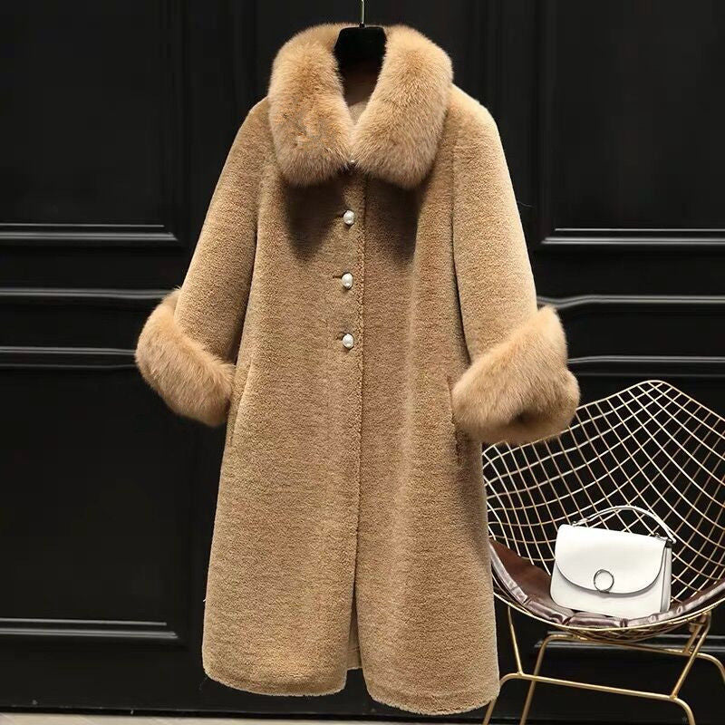 Women's Faux Fur Long Coat Solid Loose Imitation Fox Fur Collar Cashmere Granules Single Breasted Faux Fur Coat