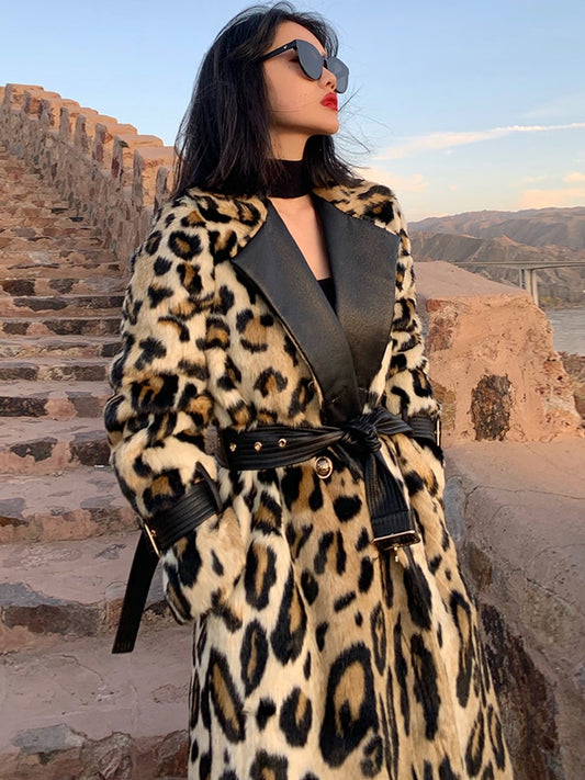 Leopard Print Fluffy Faux Fur Trench Coat
