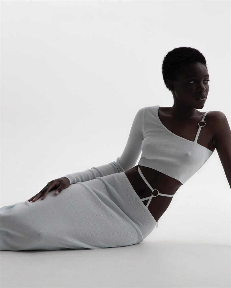 Women's White Elegant Slim Long Sleeve Bandage Dress Suit