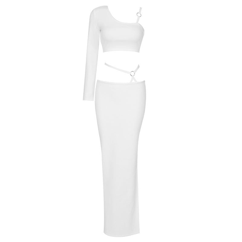 Women's White Elegant Slim Long Sleeve Bandage Dress Suit