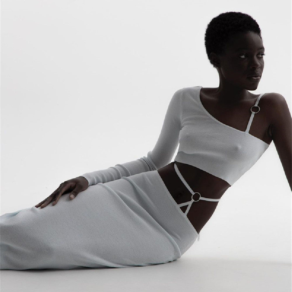 Women's White Elegant Slim Long Sleeve Bandage Dress Suit